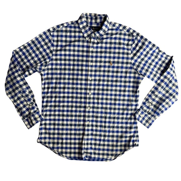 Ralph Lauren Button Up Oxford Shirt Men XL Slim Fit Blue Gingham Flesh Pony Logo - Picture 3 of 7